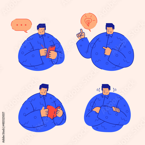 Fat businessman flat character illustration set.