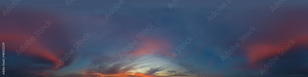 Panorama of a dark blue sunset sky with pink Cumulus clouds. Seamless hdr 360 panorama in spherical equiangular format. Full zenith for 3D visualization, sky replacement for aerial drone panoramas.