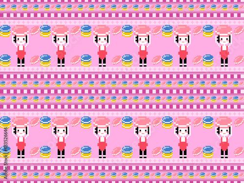 Girl with macaron cartoon character seamless pattern on pink background.Pixel style