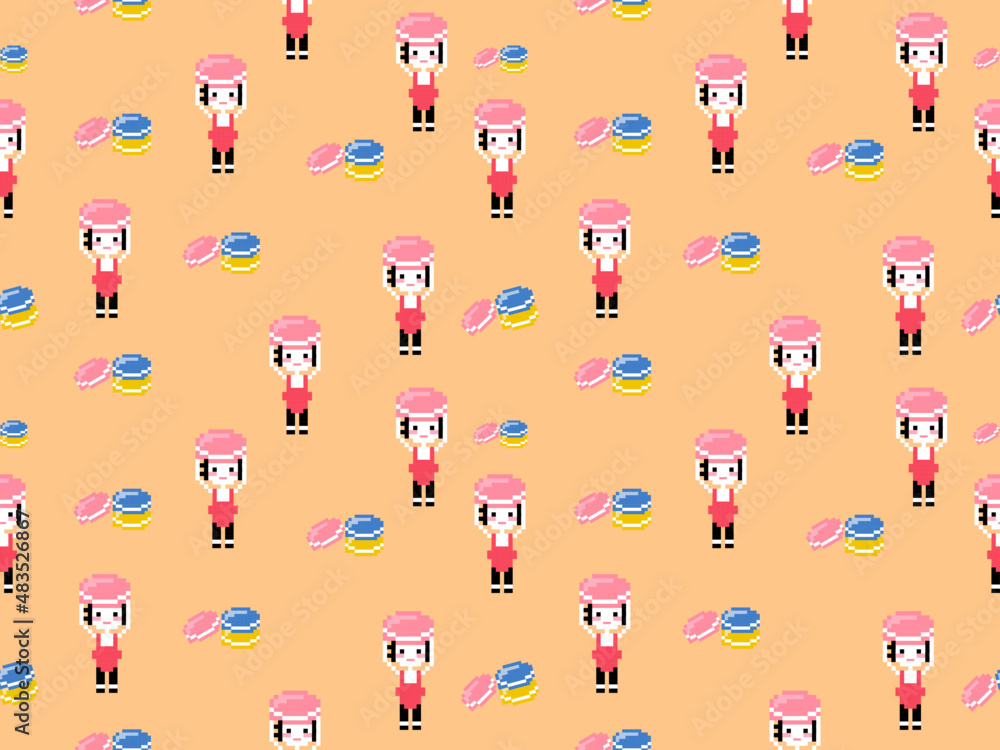 Naklejka premium Girl with macaron cartoon character seamless pattern on orange background.Pixel style
