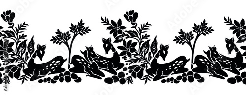 Seamless border of deer sitting under tree