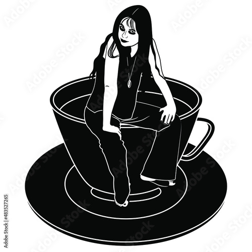 Pretty girl sitting on a rim of cup of tea or coffee. Creative funny beverage concept. Black and white silhouette.