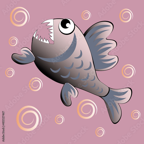 predatory evil piranha fish. Fabulous underwater world. Styling, cartoon style