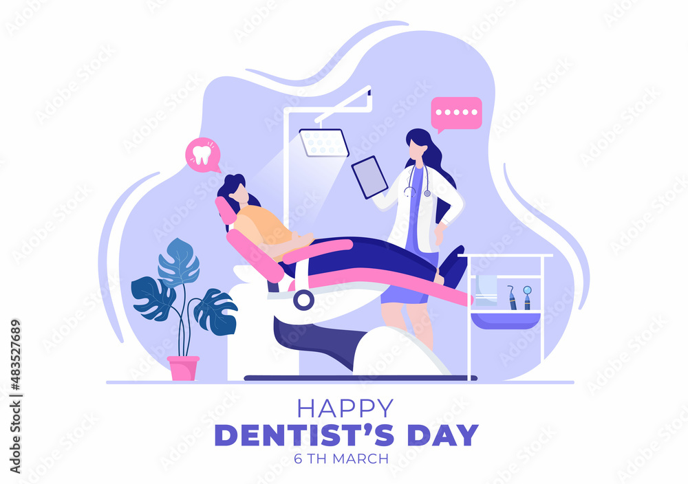 World Dentist Day with Dentistry and Patient in Armchair in Flat Cartoon Background Illustration Suitable for Poster or Banner World Dentist Day with Dentistry and Patient in Armchair in Flat Cartoon Background Illustration Suitable for Poster or Banner