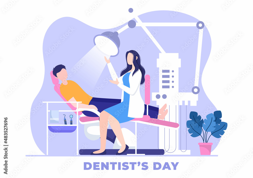 World Dentist Day with Dentistry and Patient in Armchair in Flat Cartoon Background Illustration Suitable for Poster or Banner World Dentist Day with Dentistry and Patient in Armchair in Flat Cartoon Background Illustration Suitable for Poster or Banner