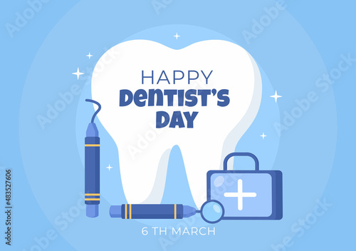 World Dentist Day with Tooth and Toothbrush to Prevent Cavities and Healthcare in Flat Cartoon Background Illustration Suitable for Poster or Banner