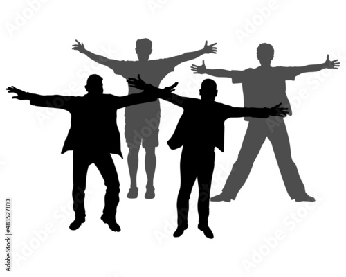 Vector male 4 silhouettes with arms raised up and to the side, greeting, joy of meeting, positive. Four young men standing in full growth