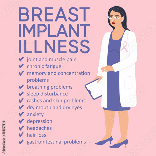 Breast implant illness text on pink background. Doctor woman. Medical treatment. Vector design isolated. Banner about awareness of autoimmune syndrome induced by adjuvants.