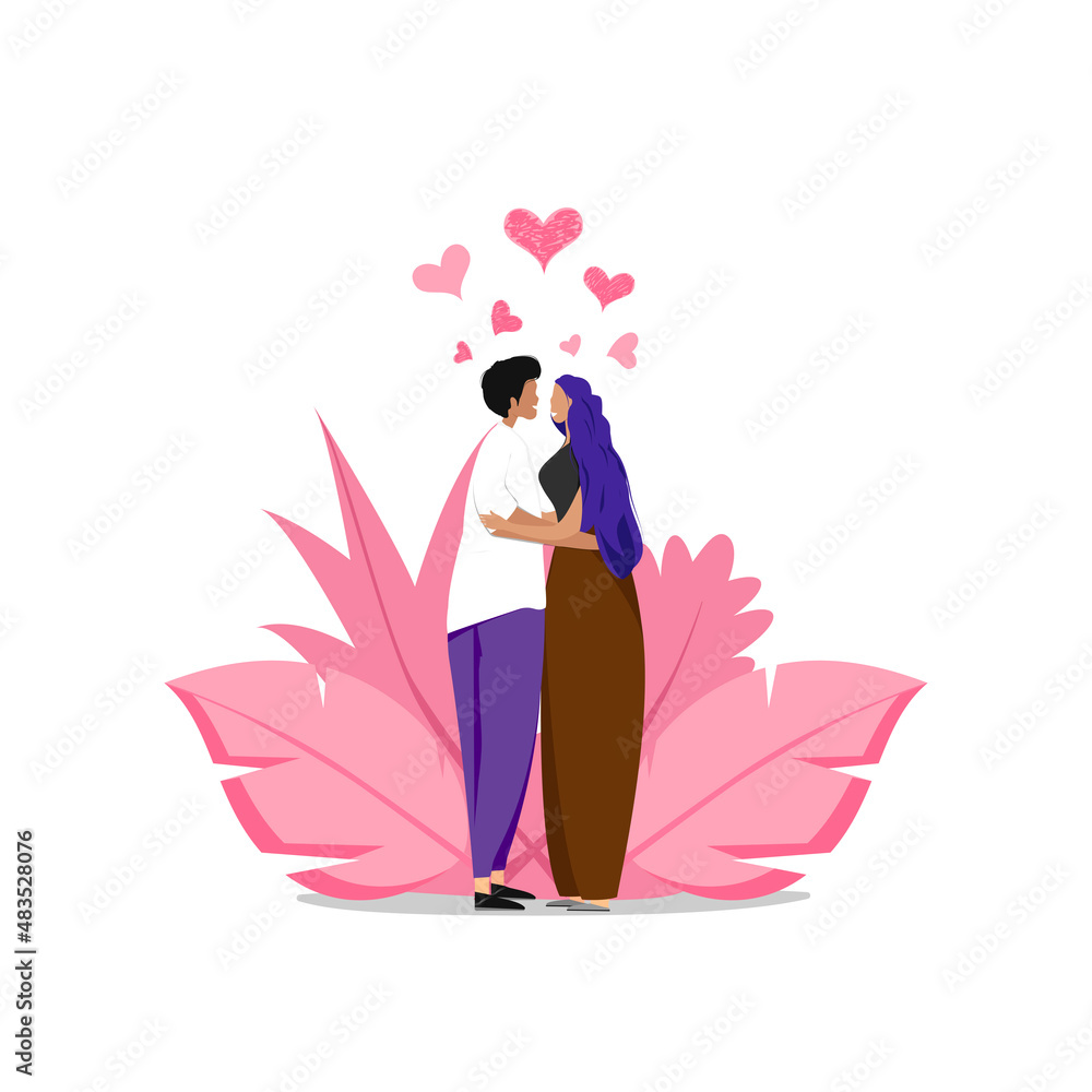 Happy young couple hugging and pink hearts flying up. Happy young couple hugging and pink hearts flying up.