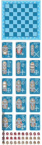 Obraz na płótnie A set of stylized chess on a marine theme with cards of ships