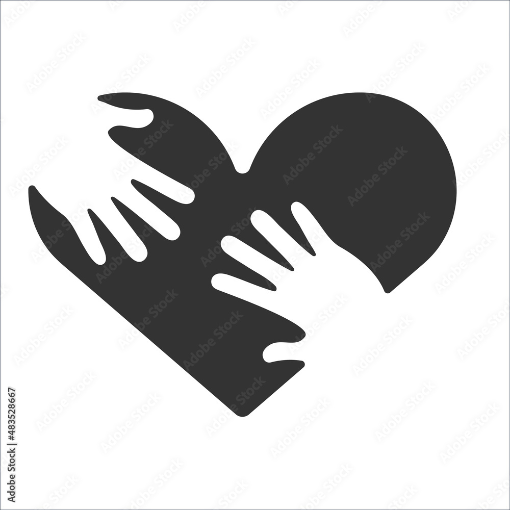 Obraz premium Hands reach out to each other against the background of the silhouette of the heart. Vector icon, flat minimal design, isolated on white background, eps 10.