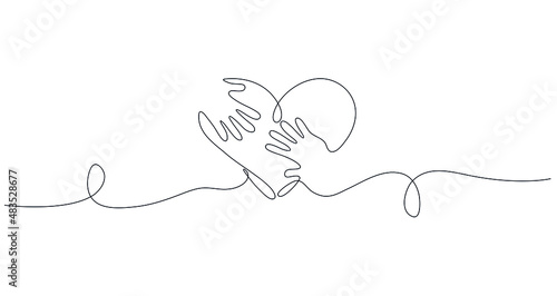 Hands reach out towards each other, surrounded by a heart shape. One line vector illustration, flat minimal design, isolated on white background, eps 10.