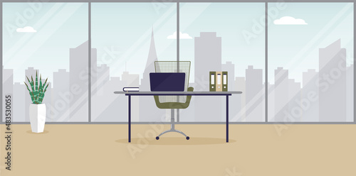 no people working open space or workspace interior smart office stylish trendy workplace with panoramic window horizontal vector flat illustration