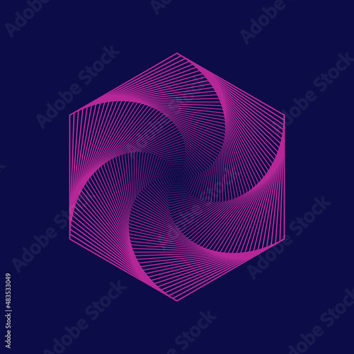
Abstract spiral geometric shape. Purple hexagon on blue background. Wireframe whirlpool waves. Digital technology swirl background. Linear pattern. Vertigo concept. Vector illustration, flat, clip ar