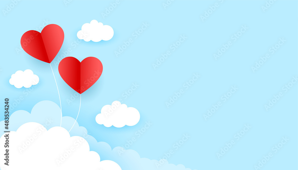 two red hearts in the sky valentines day background in paper style
