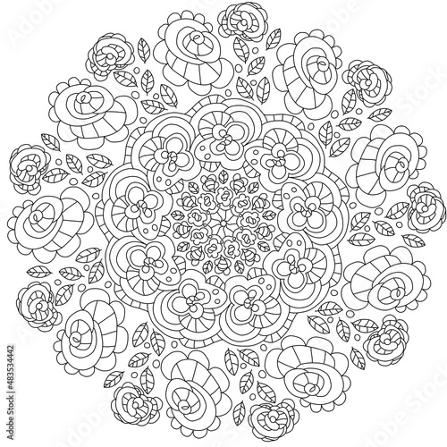 Round abstract floral pattern for coloring, holiday. Monochrome mandala for coloring book.