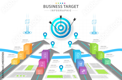 Infographic Modern 12 Months Target diagram with year quarters.