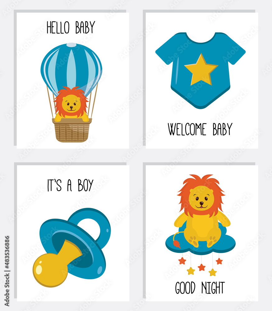 Cute posters with little lion cub, baby bodysuit, pacifier dummy. Vector prints for baby room, baby shower, greeting card. Cute nursery illustration. Set of Birthday cards templates. It's a boy.