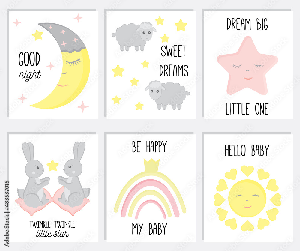 Set of cute newborn baby cards with moon, cloud, star, bunny, sheep and modern calligraphy phrases: sweet dreams, twinkle little star, good night. Vector illustrations for greeting card, nursery
