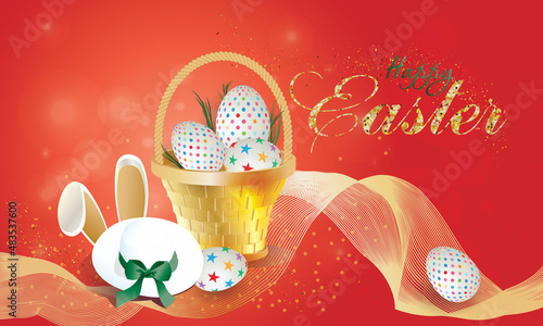 Beautiful Easter basket with colorful eggs and hat. Can be used for shopping sale, banner,  invitation, website or greeting card. Vector illustration