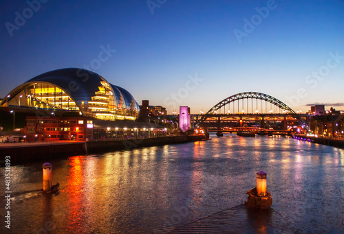 Sunset over the river tyne with the sage art venue and tyne bridge.