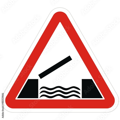drawbridge, traffic sign, triangle red shape, vector icon
