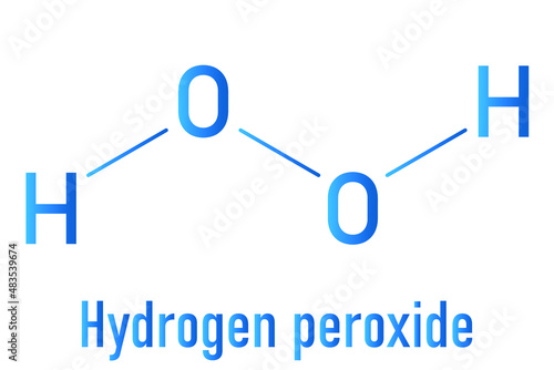 Hydrogen peroxide molecule. Reactive oxygen species, ROS. Used as bleaching agent, disinfectant, chemical reagent, etc. Skeletal formula.