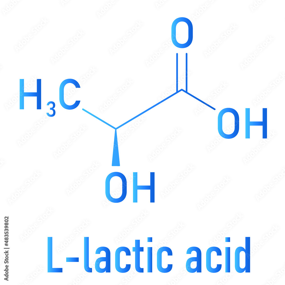 Lactic acid or L-lactic acid milk sugar molecule. Building block of polylactic acid or PLA bioplastic. Found in milk. Skeletal formula. Lactic acid or L-lactic acid milk sugar molecule. Building block of polylactic acid or PLA bioplastic. Found in milk. Skeletal formula.