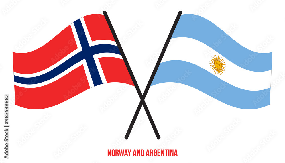 Norway and Argentina Flags Crossed And Waving Flat Style. Official Proportion. Correct Colors.