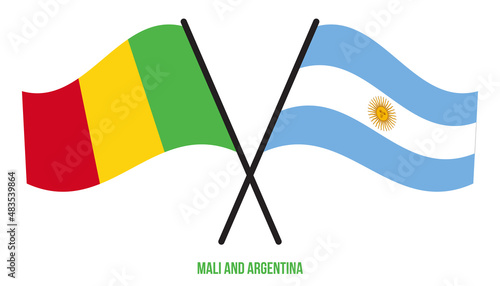Mali and Argentina Flags Crossed And Waving Flat Style. Official Proportion. Correct Colors.