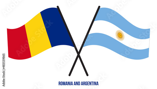 Romania and Argentina Flags Crossed And Waving Flat Style. Official Proportion. Correct Colors.