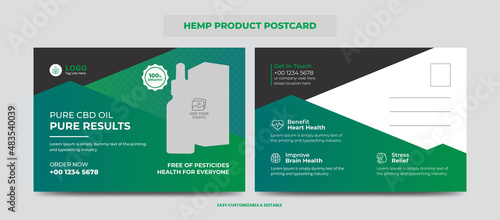 Hemp or CBD product postcard. Cannabis sativa product sale or promotion postcard design template