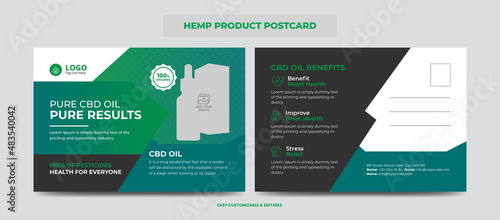 Hemp or CBD product postcard. Cannabis sativa product sale or promotion postcard design template
