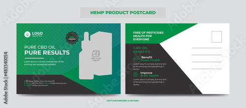 Hemp or CBD product postcard. Cannabis sativa product sale or promotion postcard design template