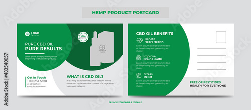 Hemp or CBD product postcard. Cannabis sativa product sale or promotion postcard design template