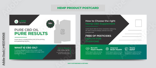Hemp or CBD product postcard. Cannabis sativa product sale or promotion postcard design template