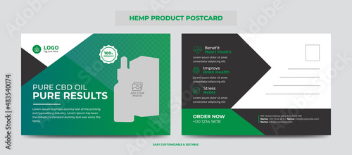 Hemp or CBD product postcard. Cannabis sativa product sale or promotion postcard design template