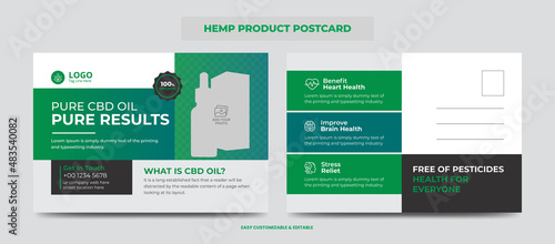 Hemp or CBD product postcard. Cannabis sativa product sale or promotion postcard design template