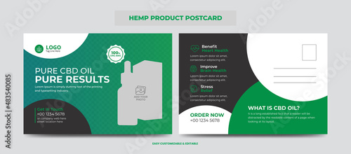 Hemp or CBD product postcard. Cannabis sativa product sale or promotion postcard design template