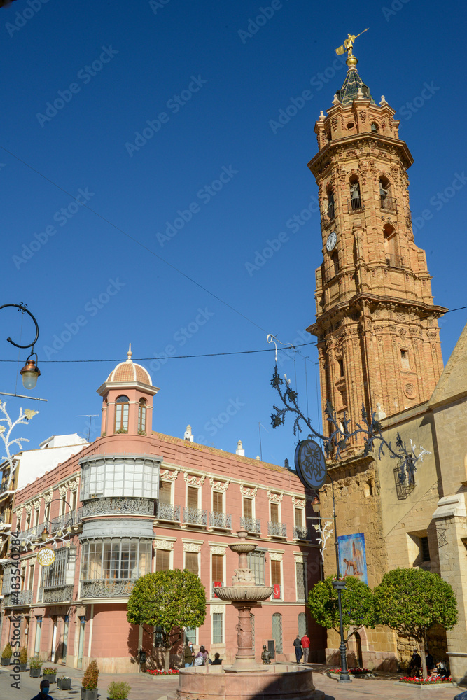 Church and square of san Sebastian at Antequera on Andalusia in Spain