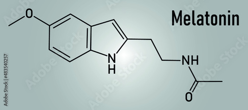 Melatonin hormone molecule. In humans, it plays a role in circadian rhythm synchronization. Skeletal formula.