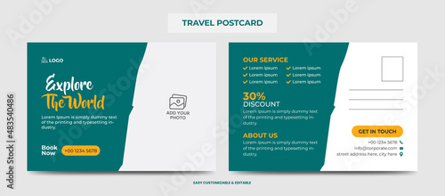 Modern Travel Postcard Design Template. Travel Company Postcard