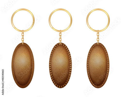 Leather oval keychain, holder trinket for key with metal ring.