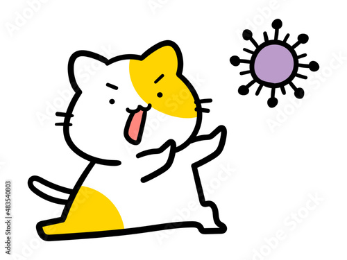 ウィルスに抵抗するかわいいねこのキャラクターの手書き風イラスト