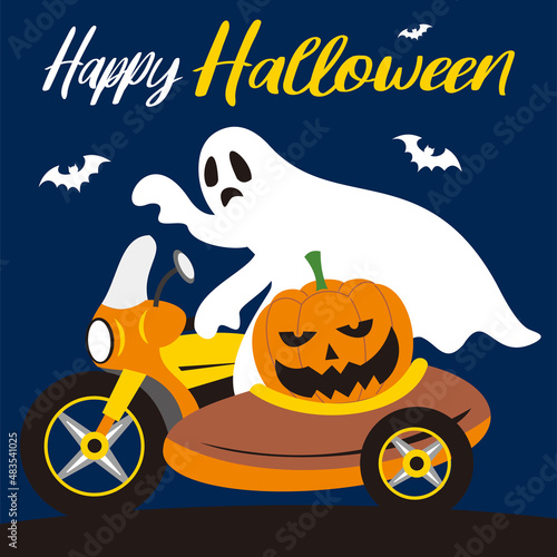 halloween background with ghost and pumpkin on motorbike