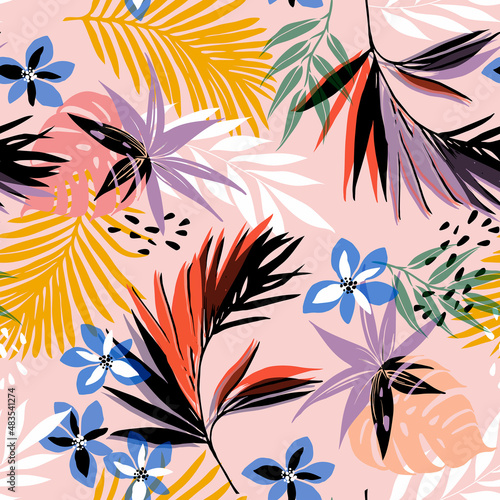 seamless pattern Exotic hawaiian tropical flowers and palm on pink background artwork for fabrics, souvenirs, packaging,