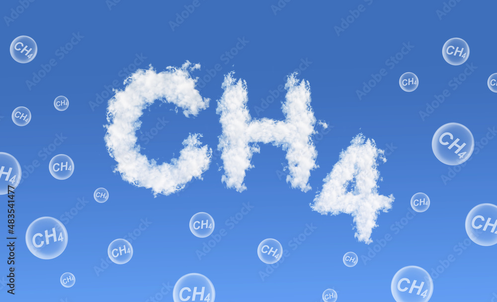 CH4 text from clouds on blue sky. Global warming or change climate concept. Environmental problems. Growing methane in the atmosphere. CH4 text from clouds on blue sky. Global warming or change climate concept. Environmental problems. Growing methane in the atmosphere.