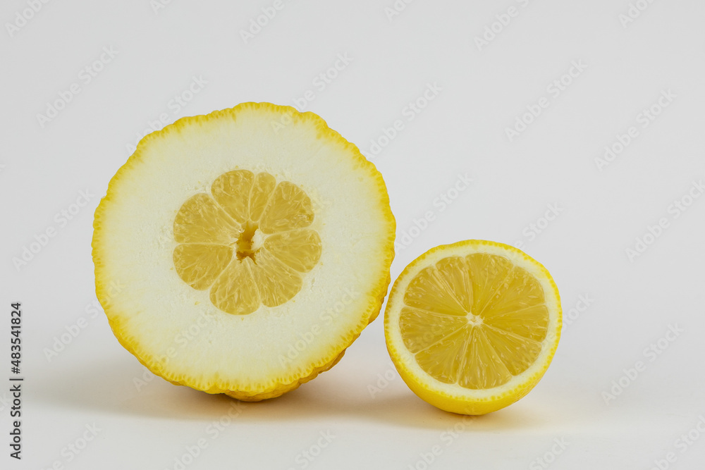 close up of half cedar and half lemon isolated on white close up of half cedar and half lemon isolated on white