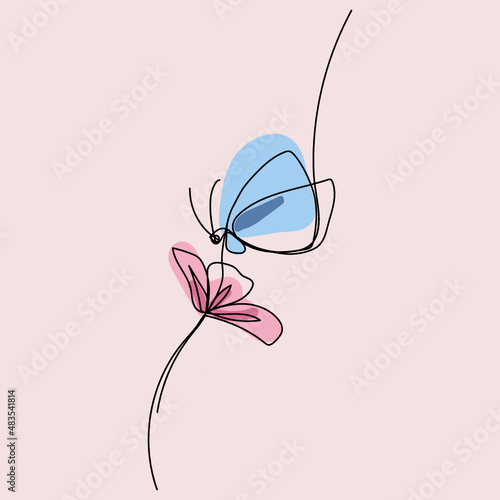 continuous line art butterfly on flower love vector with pastel vintage background