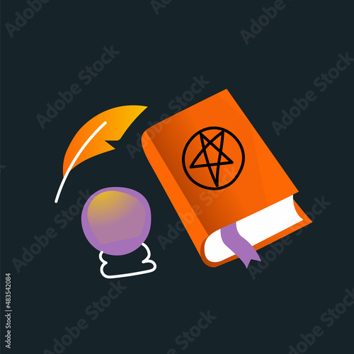 A set of magical witch items for halloween night. A magic book with a pentagram, a ball of predictions and a quill pen.